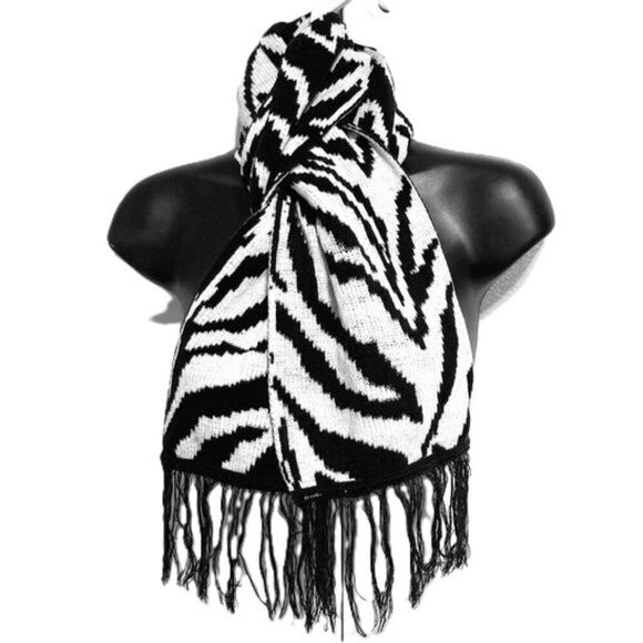 Accessories - ZEBRA Fringe Scarf Thick Warm Cozy Black Ivory White Animal Print 55 x 7.5 inch